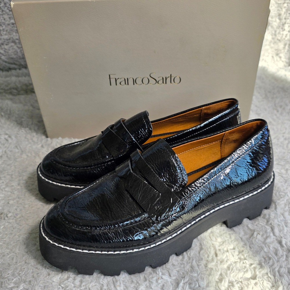 Franco Sarto Black Patent Chunky Platform Loafers Shoes Women US 6M‎ NEW